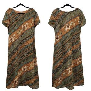 Vintage 90's Maxi Dress 12 Green Tan Modest Short Sleeve Shift Southwestern